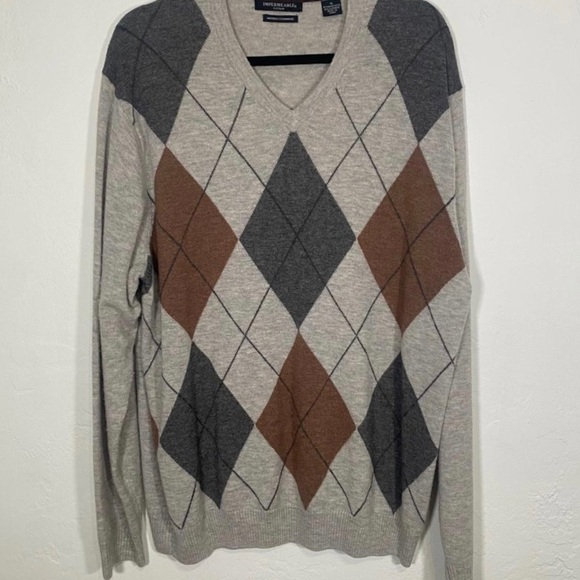 Impermeable Platinum Merino Cashmere Argyle V-Neck Sweater Pullover - Picture 11 of 13